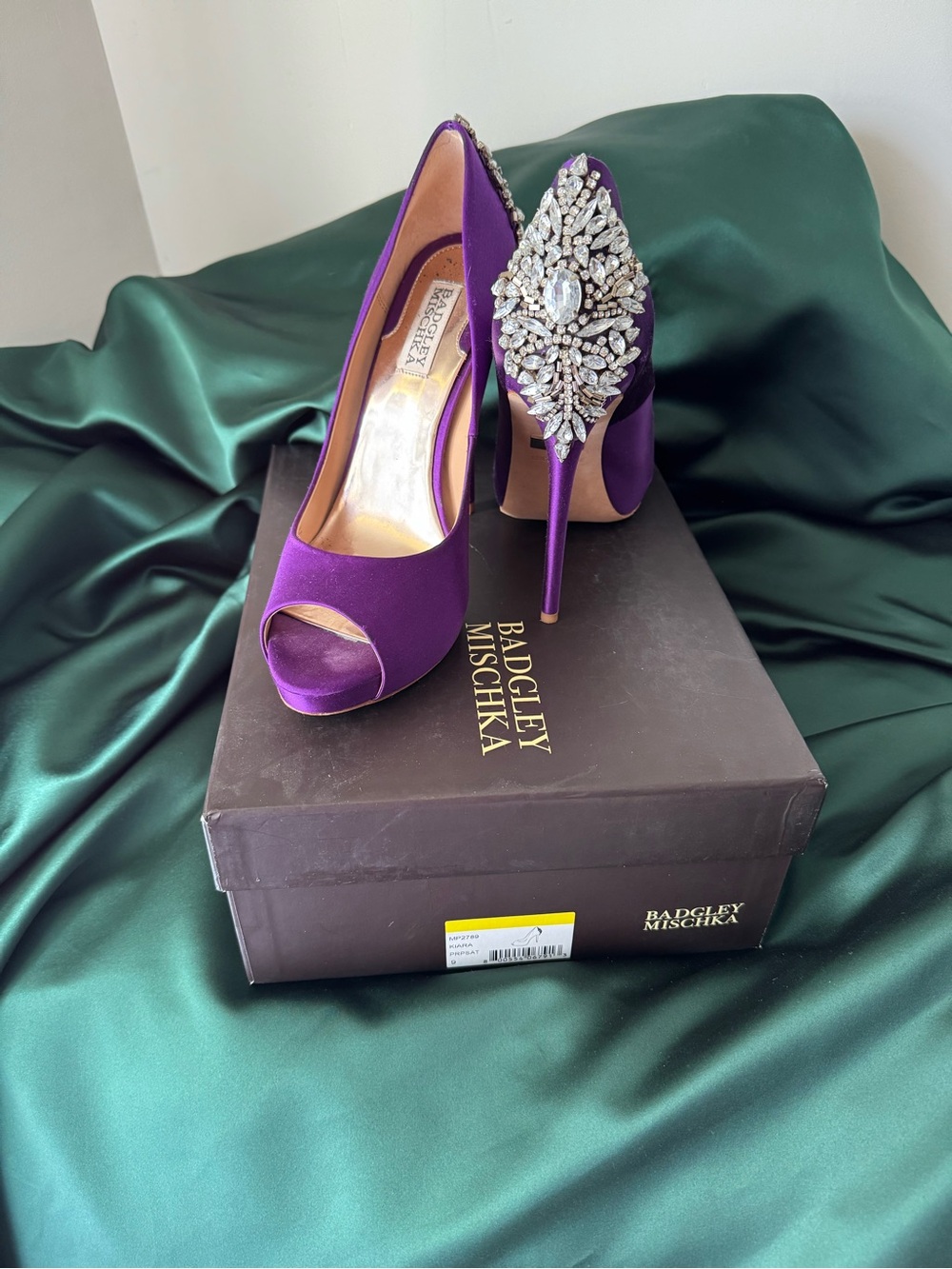 Badgley Mischka Violet Satin Peep-Toe Pumps with Crystal Heel Brooch